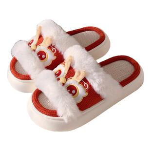 四季通用舞狮小火龙可爱亚麻拖鞋女厚底舒适国潮居家防滑棉麻拖鞋