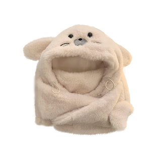 可爱小海豹毛绒帽子围脖口罩一体女冬加厚保暖防寒骑行防风雷锋帽