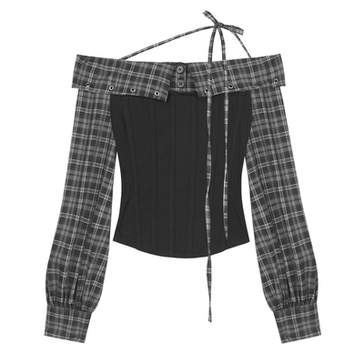 SagiDolls少女斗志 #第19夜歌#酷辣反叛doll感格纹绑带一字肩衬衫