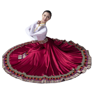 藏族舞表演出服酒红色长款广场民族舞次仁拉索艺考大摆裙玛尼情歌