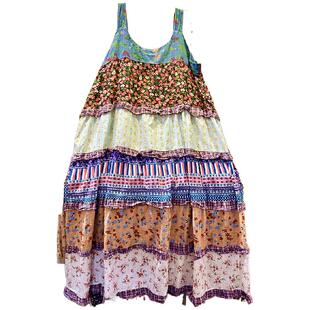 到脚踝/拼布长裙/复古民族风百家布碎花拼接加长款吊带连衣裙夏女