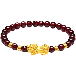 999足银镀金貔貅手链女纯银招财石榴石开运转运手串古装汉服首饰