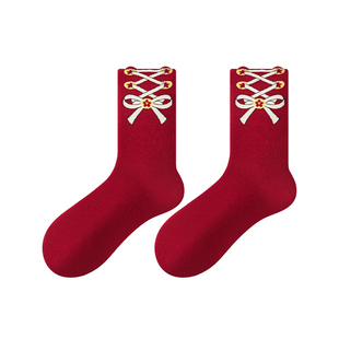 可爱红袜子女款2026马年本命年春秋季卡通礼盒纯棉中筒袜新年礼物