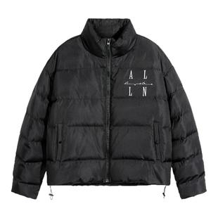 ALLIN 黑色立领羽绒服男冬季加厚保暖短款面包服字母刺绣情侣外套