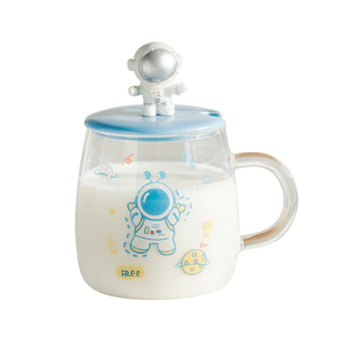 高硼硅玻璃杯子家用水杯女生带把手马克杯带盖勺牛奶杯可爱早餐杯