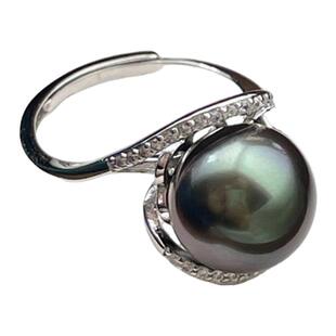 10-11mm孔雀绿大溪地海水珍珠戒指925银开口戒圈精致时尚送女友