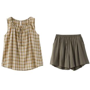 安之伴【巨凉感】睡衣女夏季纯棉梭织夏款吊带套装绵绸格子家居服