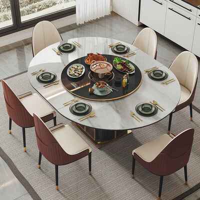 轻奢亮光岩板伸缩电磁炉餐桌可变形圆桌带转盘火锅一体多功能饭桌