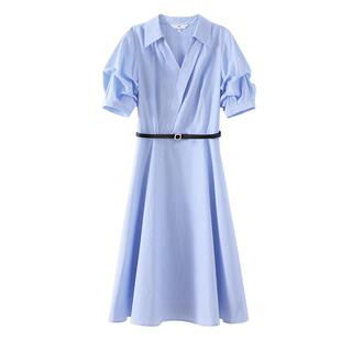 OSA欧莎简约条纹V领连衣裙女夏季2026新款百搭通勤显瘦面试衬衫裙