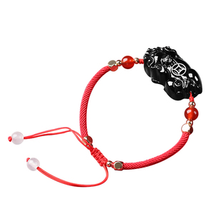 黑曜石貔貅手工编织绳男红绳手链女皮丘手串情侣一对潮流简约饰品