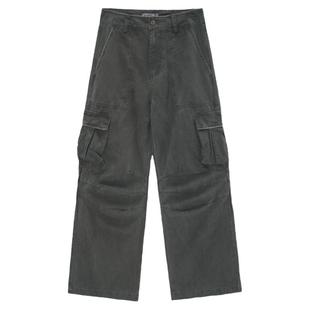 Unvesno(UN)废土风洗褪磨边多口袋阔腿裤收褶微喇工装裤 明星同款