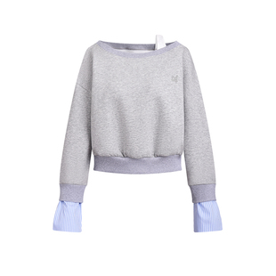 A21女装2025新款针织宽松一字领落肩上衣假两件短装无绒底卫衣