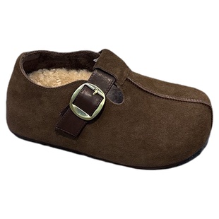 真皮厚底丑萌大头勃肯鞋女2025秋冬新款森系百搭面包鞋加绒穆勒鞋