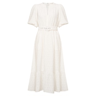 DVF V领茶歇裙白色网眼绣花棉轻薄度假短袖连衣裙DS4S039