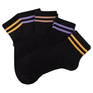 浪莎女袜中筒纯棉秋冬厚款袜100%棉吸汗防臭四季条纹女生黑色棉袜