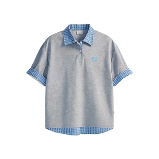 Dream made 美式假两件格子衬衫领POLO衫短袖男款夏季男生半袖t恤