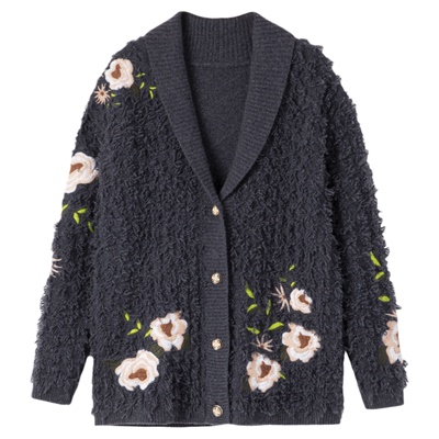 2025秋冬新款加厚手工剪毛重工针织开衫外套青果领高级感羊绒大衣