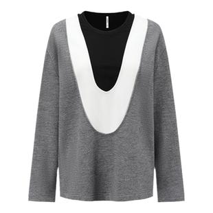 【deepmoss】优雅复古潮流女装时尚休闲气质假两件U领宽松上衣