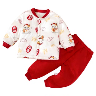 马卡乐男童居家外套儿童宝宝套装保暖三层夹棉裤棒球服加绒棉衣冬