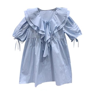 cheers干杯/夏热门荷叶边v领少女感减龄可爱蓝色连衣裙小个子海边