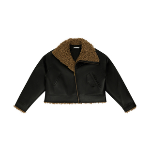 FUNKYFUN 皮毛撞色拼接斜拉链门襟皮衣宽短棉服夹克外套