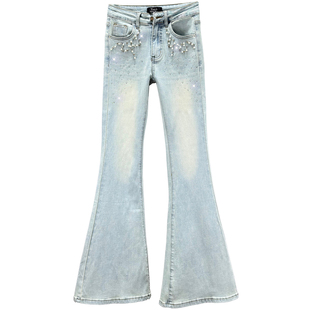 镶钻牛仔裤女2026年春季新款弹力高腰修身显瘦欧货重工加长喇叭裤