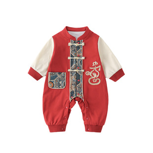 婴儿新年装春秋衣服宝宝红色连体衣满月百天中国风薄款过年拜年服