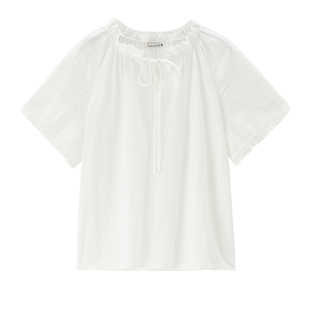 设计师款佐丹奴夏季新品纯棉绑带花边立领镂空短袖衬衫女18345203