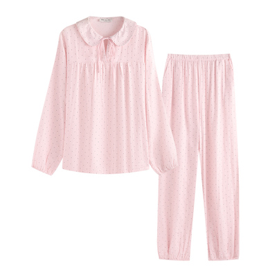 侘町秋冬睡衣女2025年新款甜美粉色波点长袖纯棉可外穿家居服套装