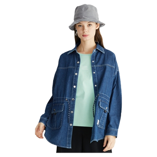 波顿女装外套型牛仔衬衫早春秋百搭中长款纯色设计感小众高端衬衣