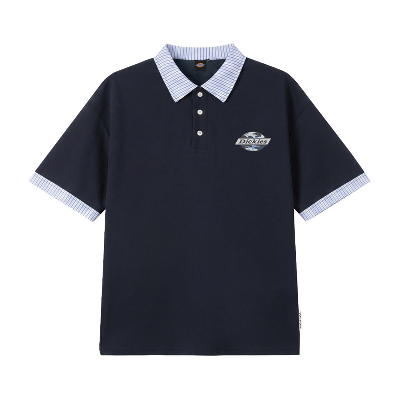 Dickies帝酷适拼接短袖POLO衫男士夏季复古条纹宽松半袖休闲上衣M