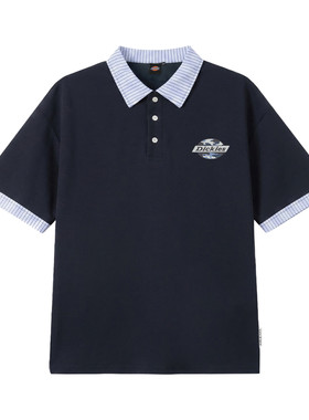 Dickies帝酷适拼接短袖POLO衫男士夏季复古条纹宽松半袖休闲上衣M