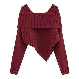 AZure节日毛衣围脖露肩短打针织衫显瘦露腰一字肩红色短款上衣冬