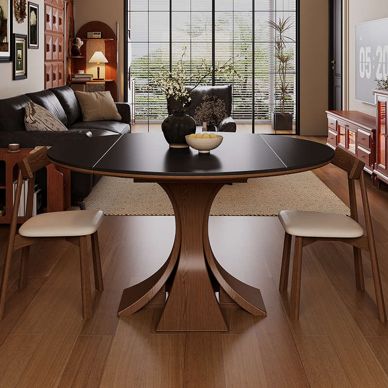 北览中古风餐桌可伸缩家用小户型法式饭桌岩板可变圆桌实木折叠