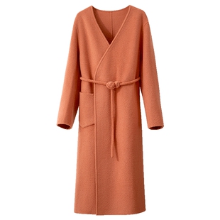 Amii2025冬新款新中式配盘扣腰绳V领斜襟双面呢大衣女羊毛呢外套