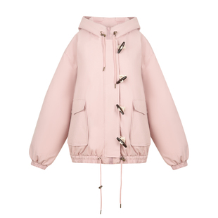 BLUEerror 宽松粉色牛角扣连帽短款羽绒服女加厚保暖大口袋外套冬