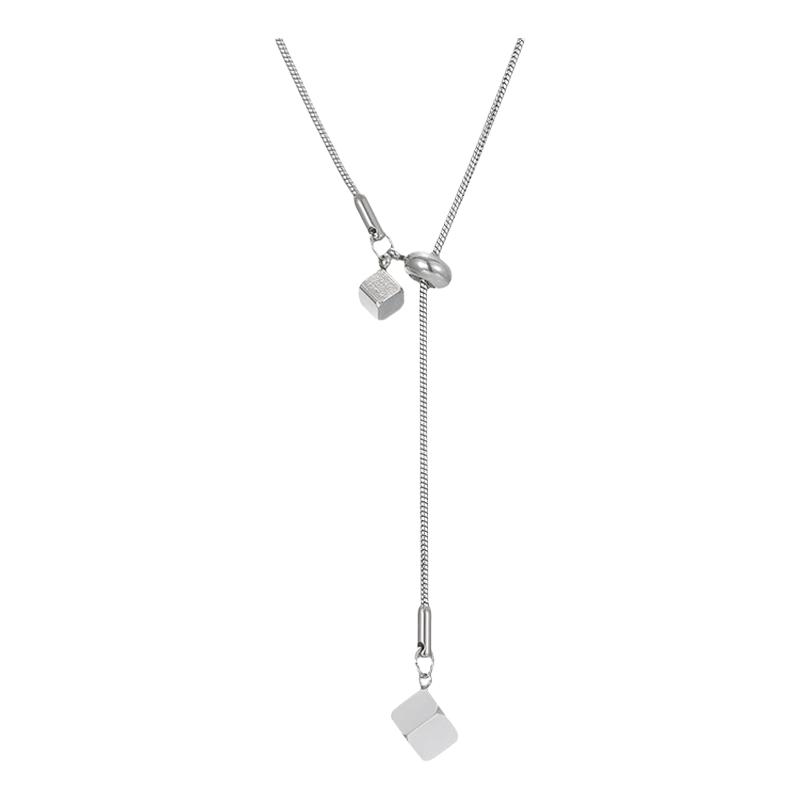 GuangYu金属方块长款毛衣链男钛钢项链抽拉式简约小众设计蛇骨链