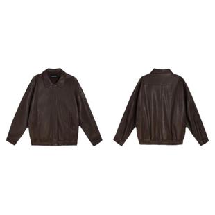 pusumede 琥珀云烟 棕色复古PU皮衣外套女宽松小个子机车夹克上衣
