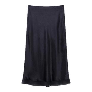 OVV2025春夏新款女装淡人缎面醋酸拼接雪纺纱直筒休闲半身裙