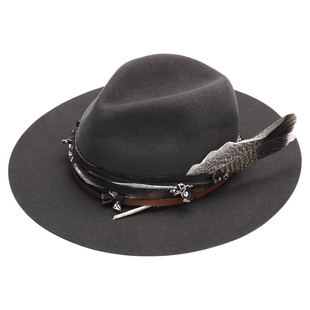 JDV棉羊毛复古做旧毛呢帽毡礼帽羽毛装饰平沿包边WHT5824