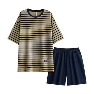 悦内睡衣男士夏季夏天纯棉短袖短裤家居服男生休闲大码条纹可外穿