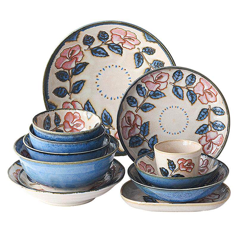 【自营】美浓烧日本进口陶瓷餐具蓝赤花饭碗寿司菜盘碟子钵面汤碗