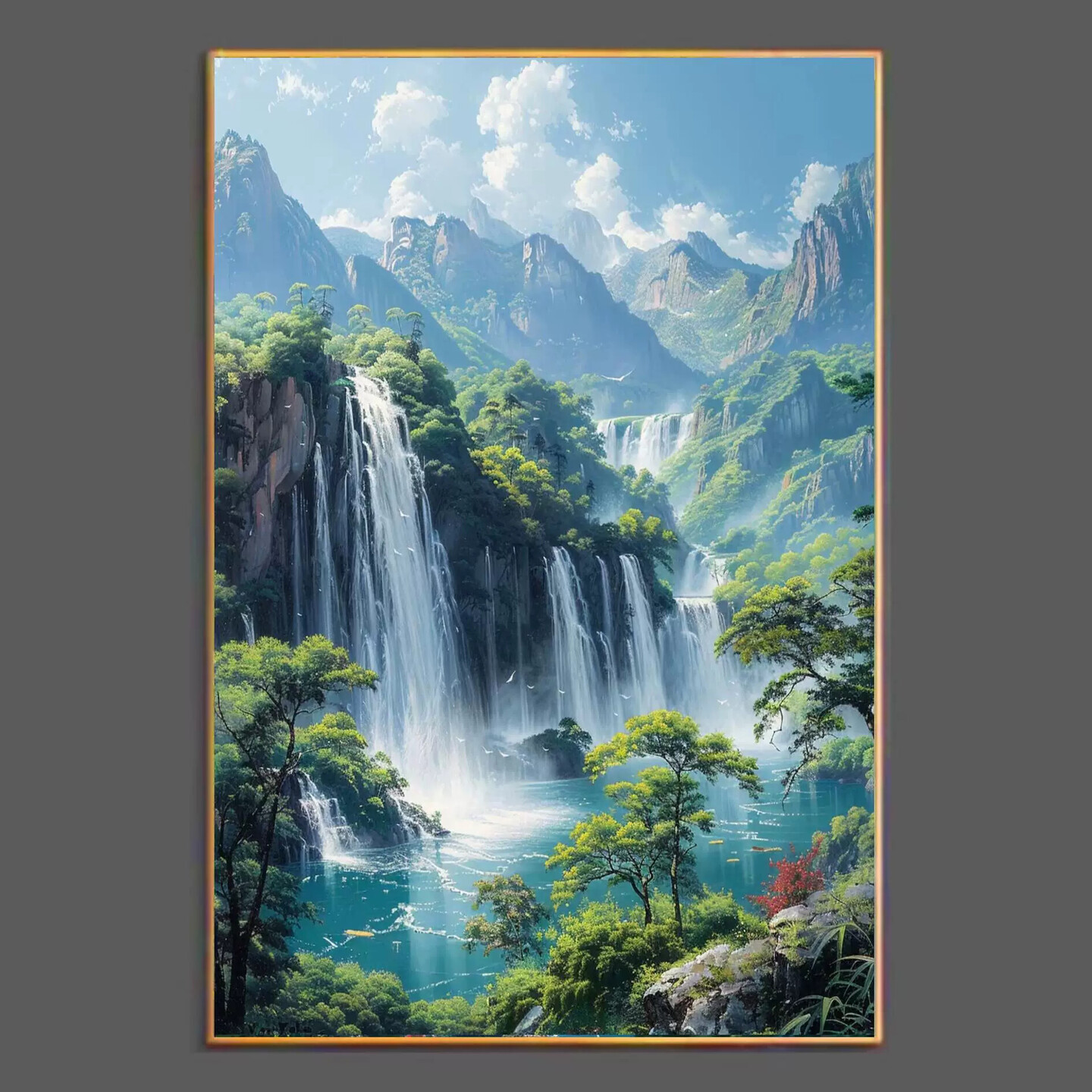 聚宝盆瀑布山水画客厅装饰画沙发背景墙画玄学风水晶瓷挂画免打孔