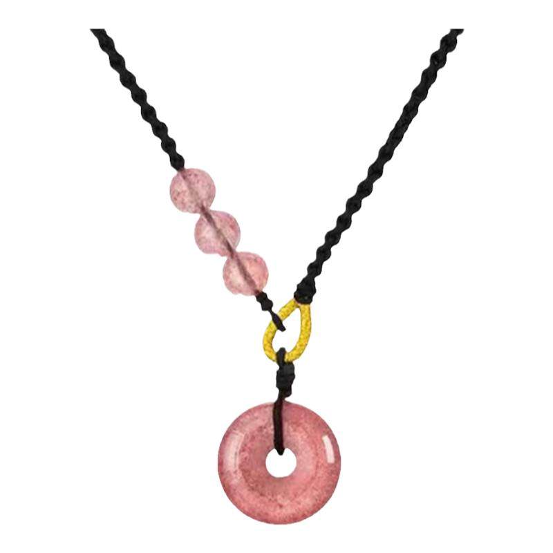 附证书天然草莓晶白玛瑙玉髓平安扣黑曜石吊坠情侣项链男女款礼物