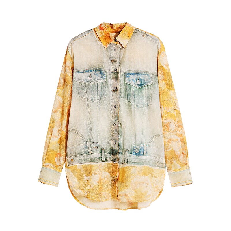 Desigual26秋冬新品做旧牛仔拼贴手绘抽象印花女式衬衫