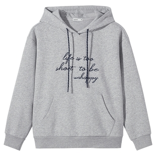 热风女士连帽抽绳卫衣2025年冬季新款字母印花撞色连帽内搭卫衣