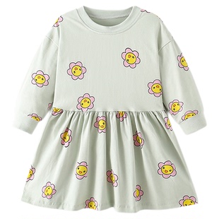 欧美女童长袖连衣裙2025春秋纯棉洋气印花儿童宝宝童裙子外贸童装