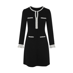 【宣璐同款】莱茵福莱尔珠饰撞色连衣裙精致法式优雅华夫格针织裙