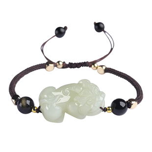 天然和田玉招财貔貅玉石手链女青玉手串情侣款手工编织皮丘手绳男