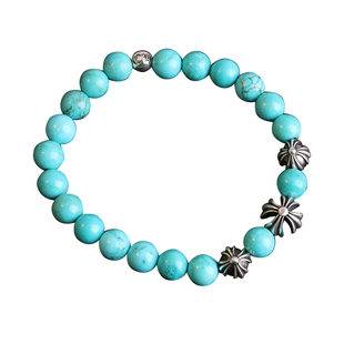 一休老银匠S925纯银十字花字母珠原矿优化松石手链潮流男女款手环